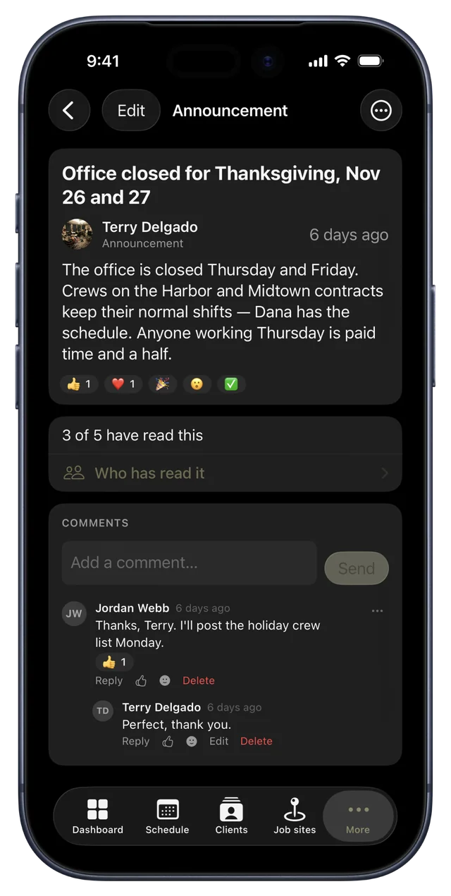 CRMb on iPhone: an announcement that the office is closed for Thanksgiving, with 3 of 5 have read this, Who has read it, and the comments under it