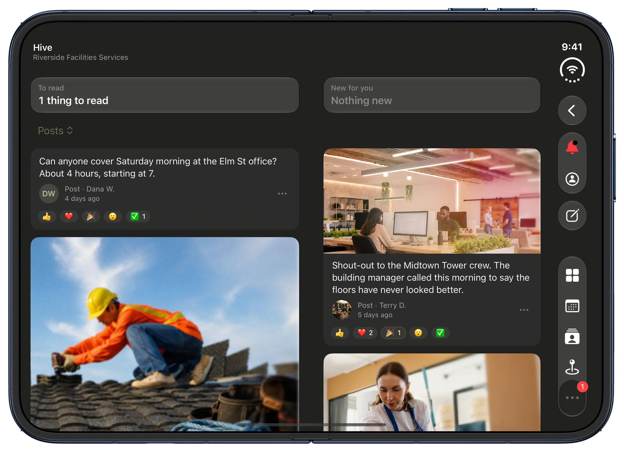 CRMb Hive on iPhone Duo, open in landscape: the To read and New for you tiles, then two columns of posts with their photos and reactions, and the section's buttons in a toolbar down the right side