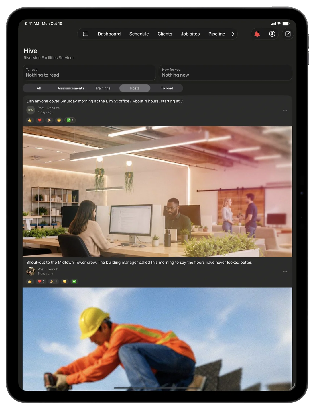CRMb Hive on iPad: the To read and New for you tiles, the filter row set to Posts, and posts in the feed with their photos and reactions