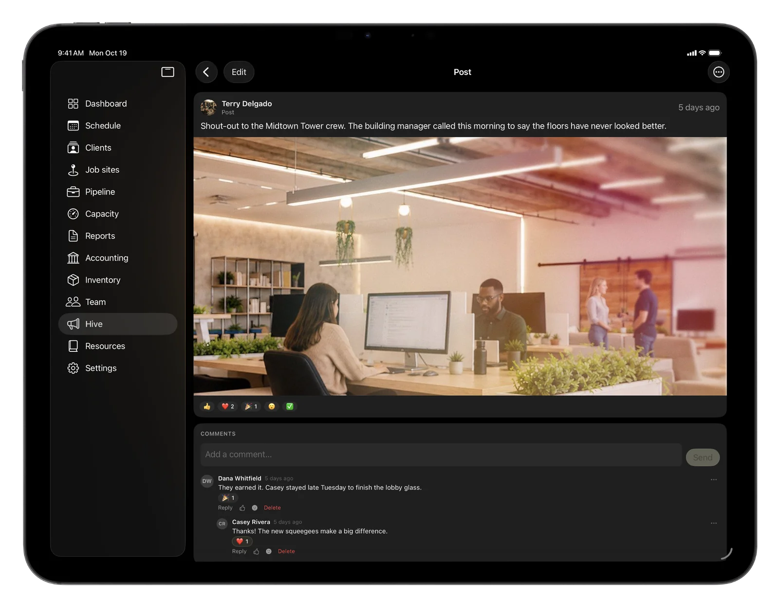 CRMb on iPad: an open post, a shout-out to the Midtown Tower crew with its photo and reactions, and the comments under it with a reply