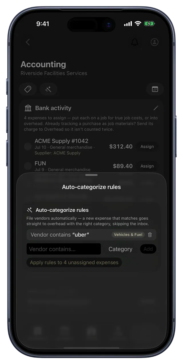 CRMb auto-categorize rules on iPhone: a vendor-contains rule filing matching charges to a category automatically